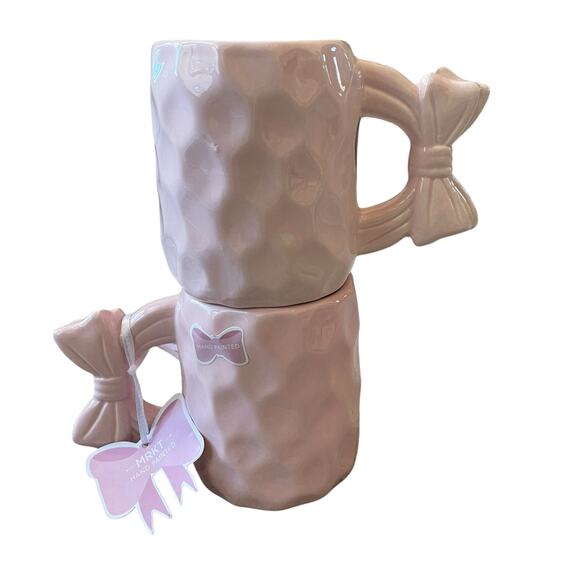 Market Finds Hand Painted Pink Bow Handle Ceramic Coffee Tea Mug Set of 2 NEW - Picture 2 of 13